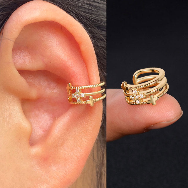 1Pc Hollow Geometry Rainbow CZ Cuff Wrap Clip On Earrings Women Climber Ear Cartilage Bone Clips